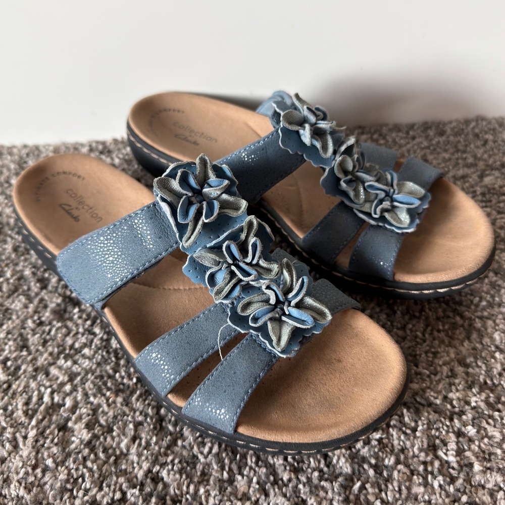 Clarks Collection Brinkley Flora Blue Floral Slide Sandals Womens 6 M